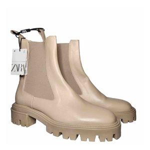 NWT Zara Low Heel Leather Ankle Boots with Elastic Goring